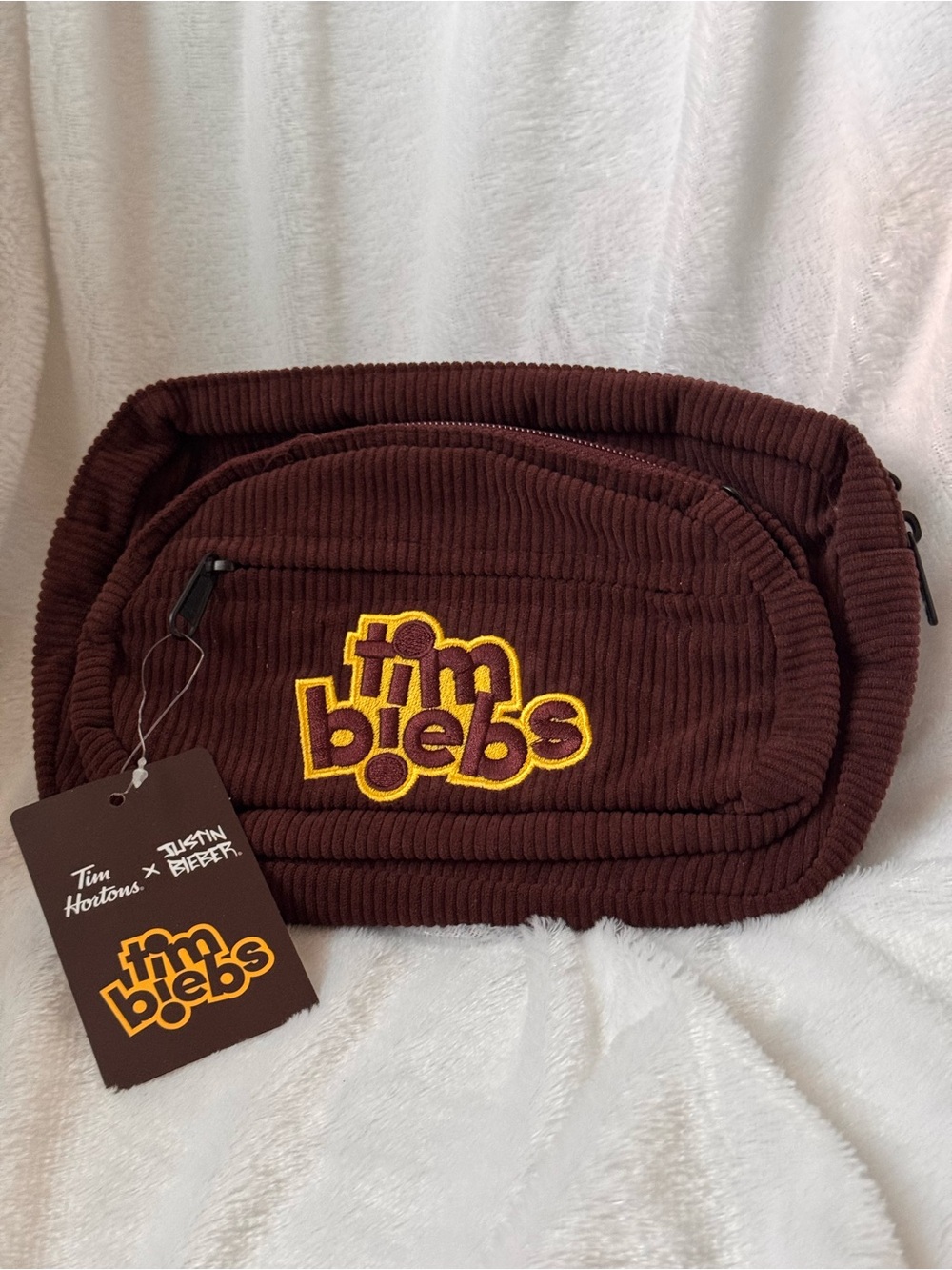 Tim Biebs Corduroy Waist Bag in Dark Brown with Yellow Logo